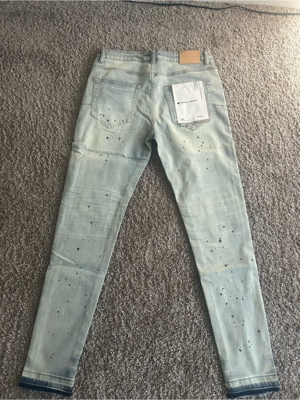 Purple Brand Light Blue Skinny Jeans with Paint-Splatter Detail